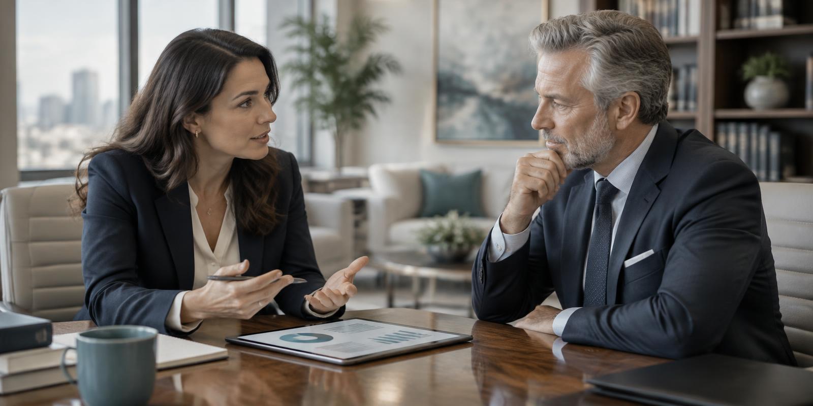 An advisor walking a managing partner through firm performance on a tablet