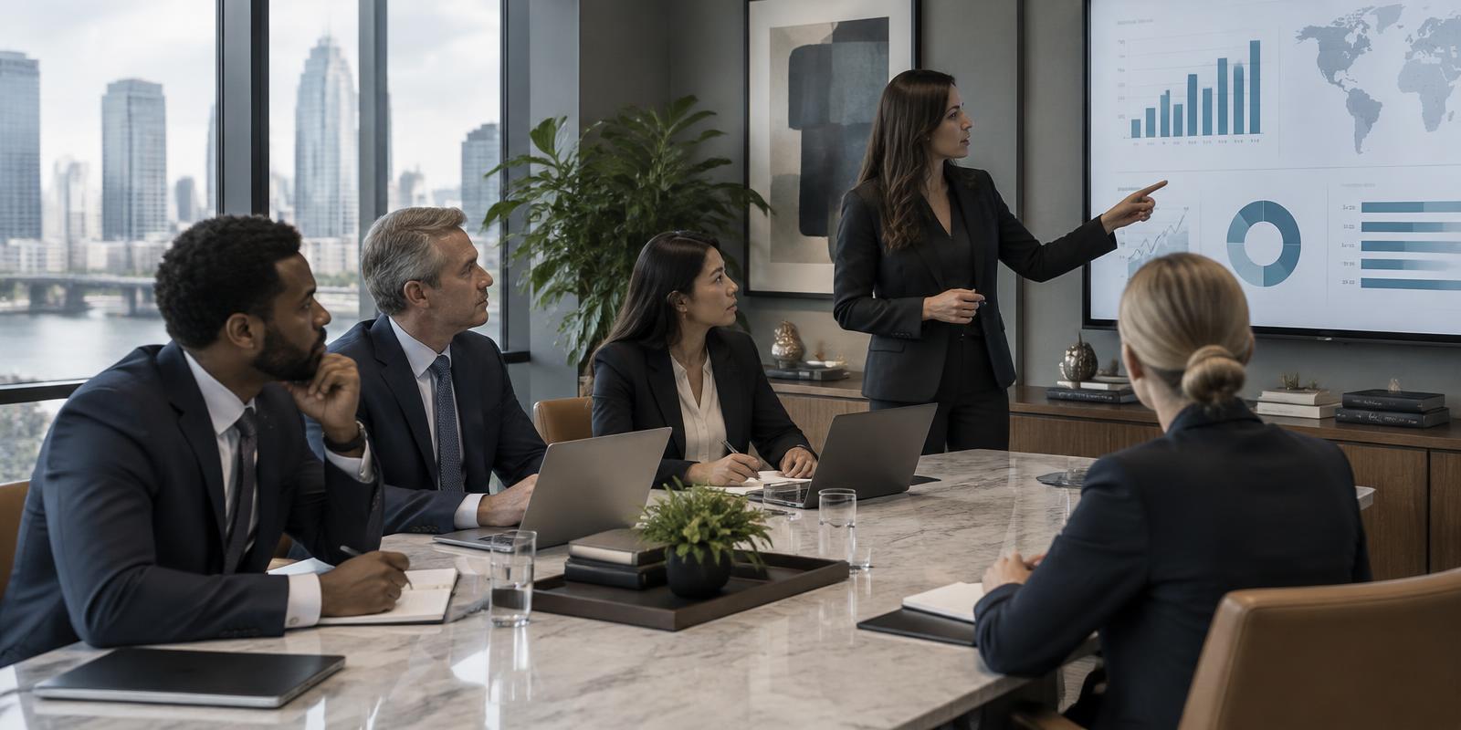 Law firm partners and operations staff reviewing firm performance together